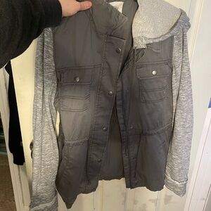 Gray Hooded Jacket with Snap Buttons